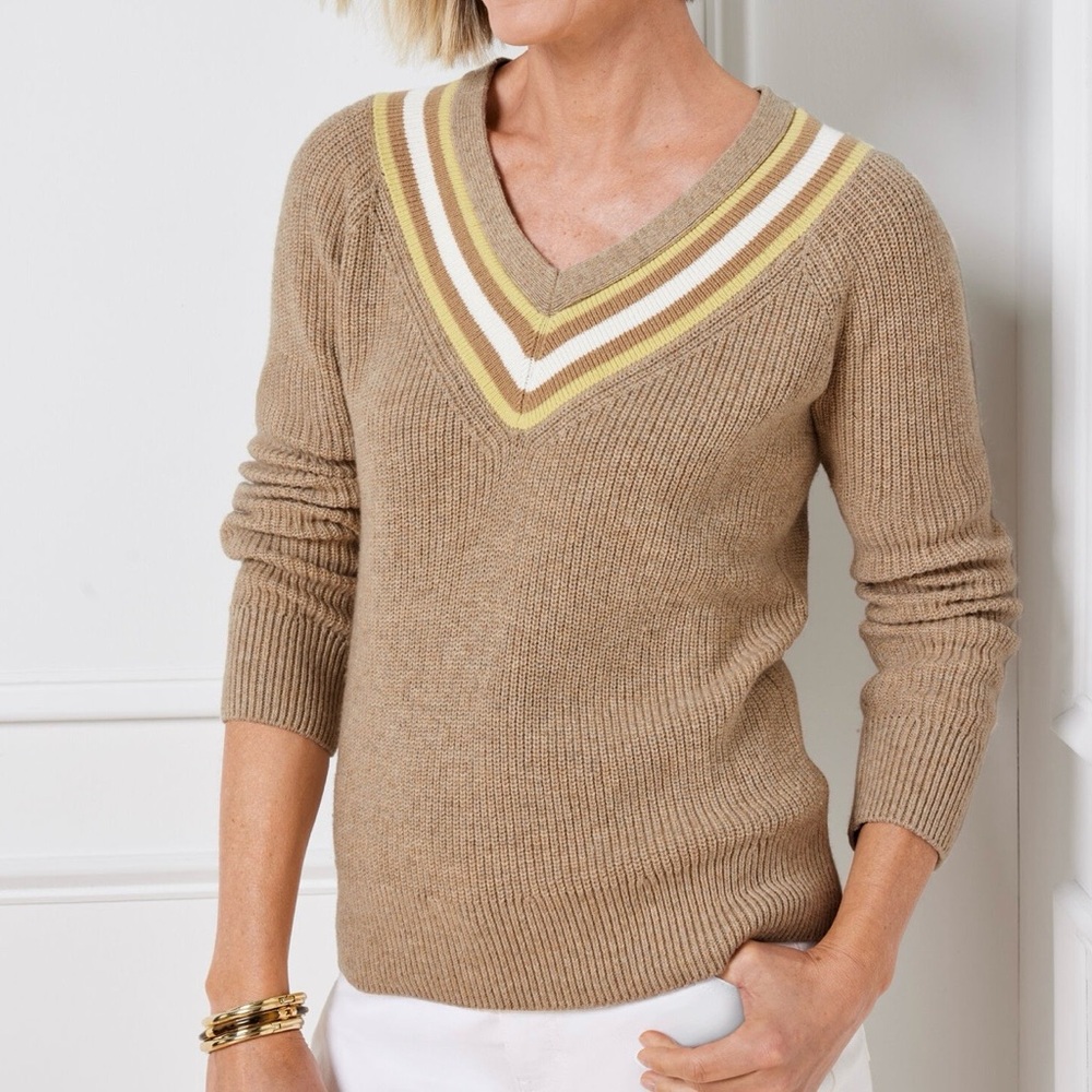 Talbots Small Petite textured Tan V-Neck Sweater with Striped Detail